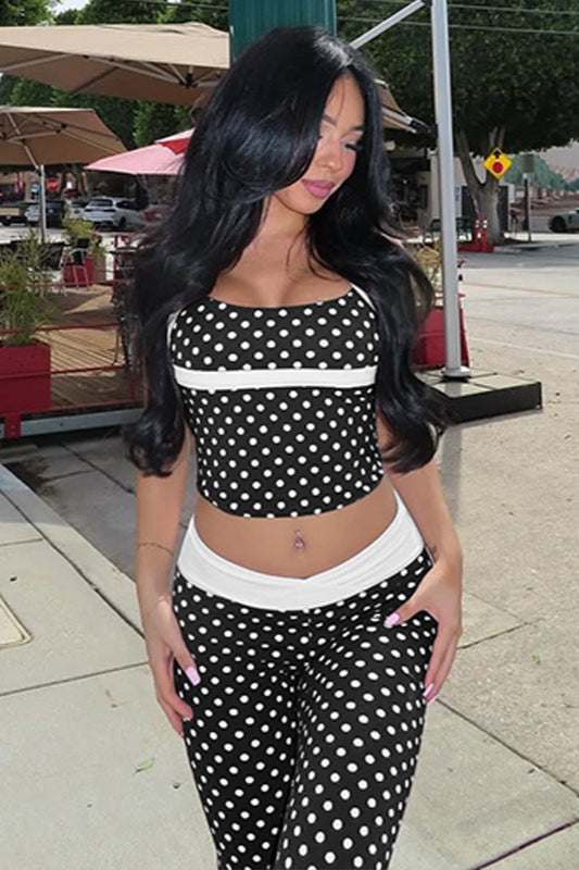 Woman wearing Contrast-Dot Tank and Slim Pants Set from Hicosy — view 6