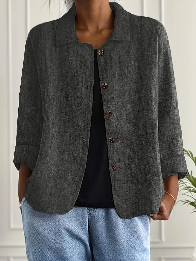 Textured Button Front Collared 3/4 Sleeve Linen Blazer