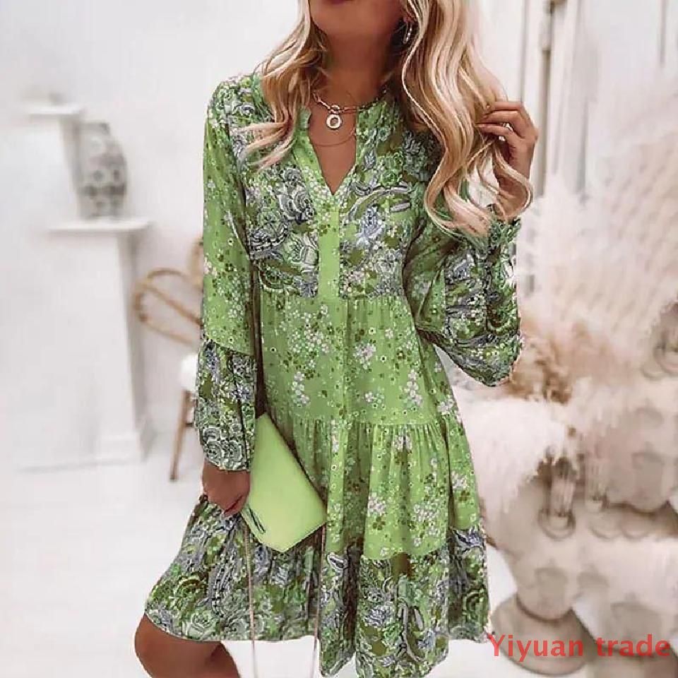 Bohemian Informal V-neck Relaxed A-line Floral Beach Party Dress