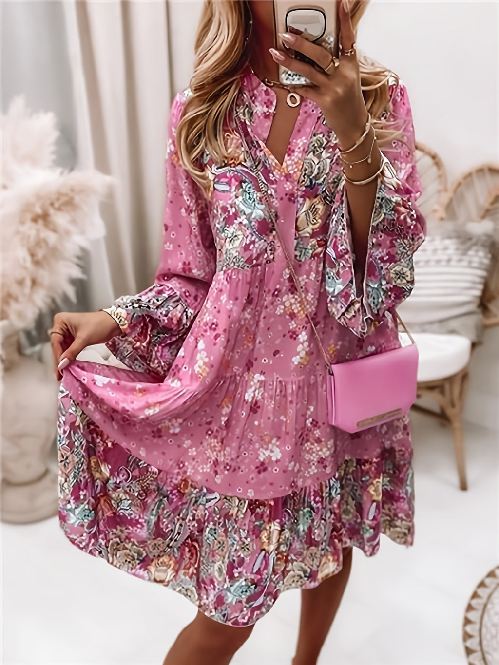 Bohemian Informal V-neck Relaxed A-line Floral Beach Party Dress