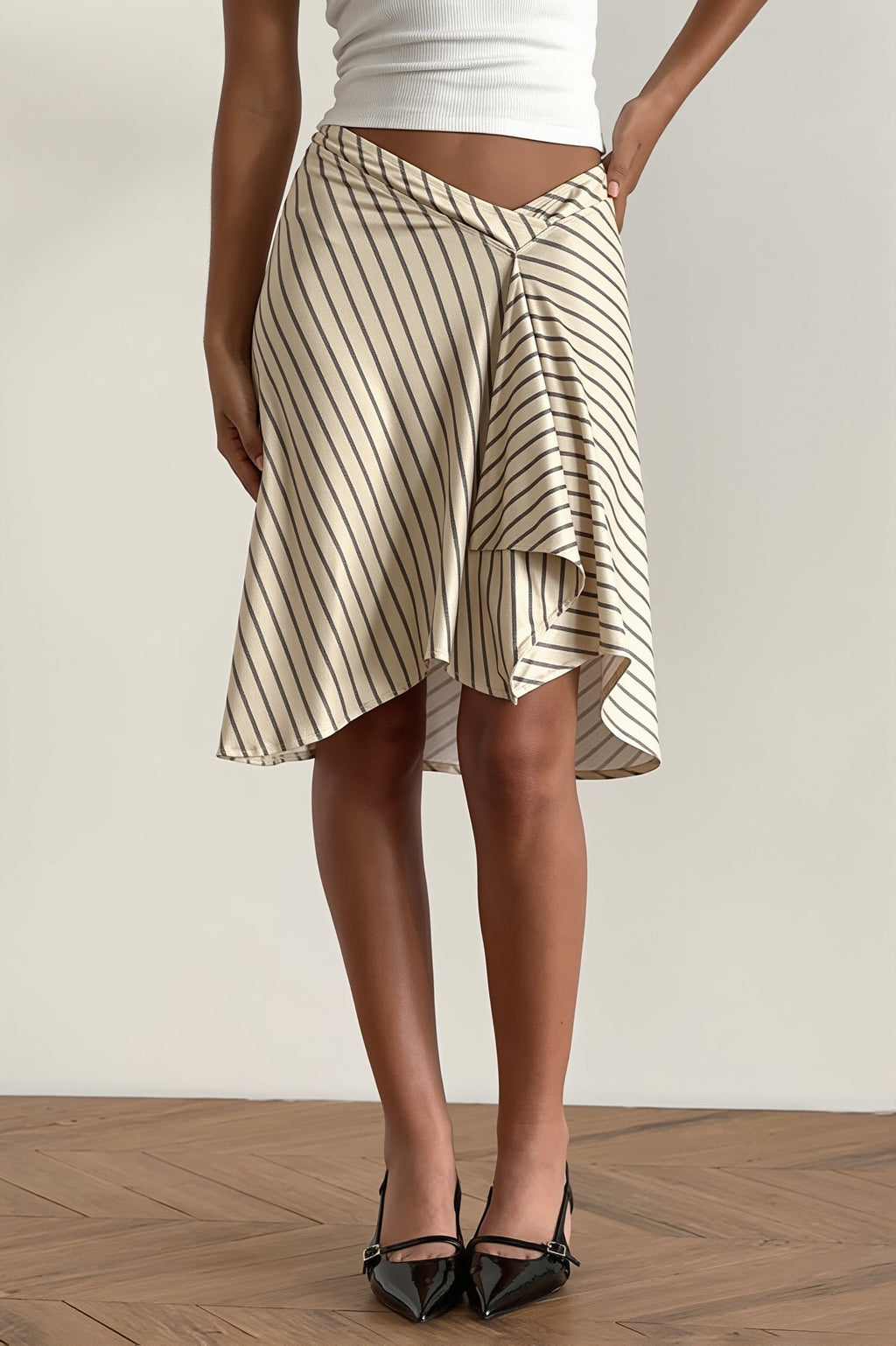 Elegant Striped Irregular Midi Skirt
