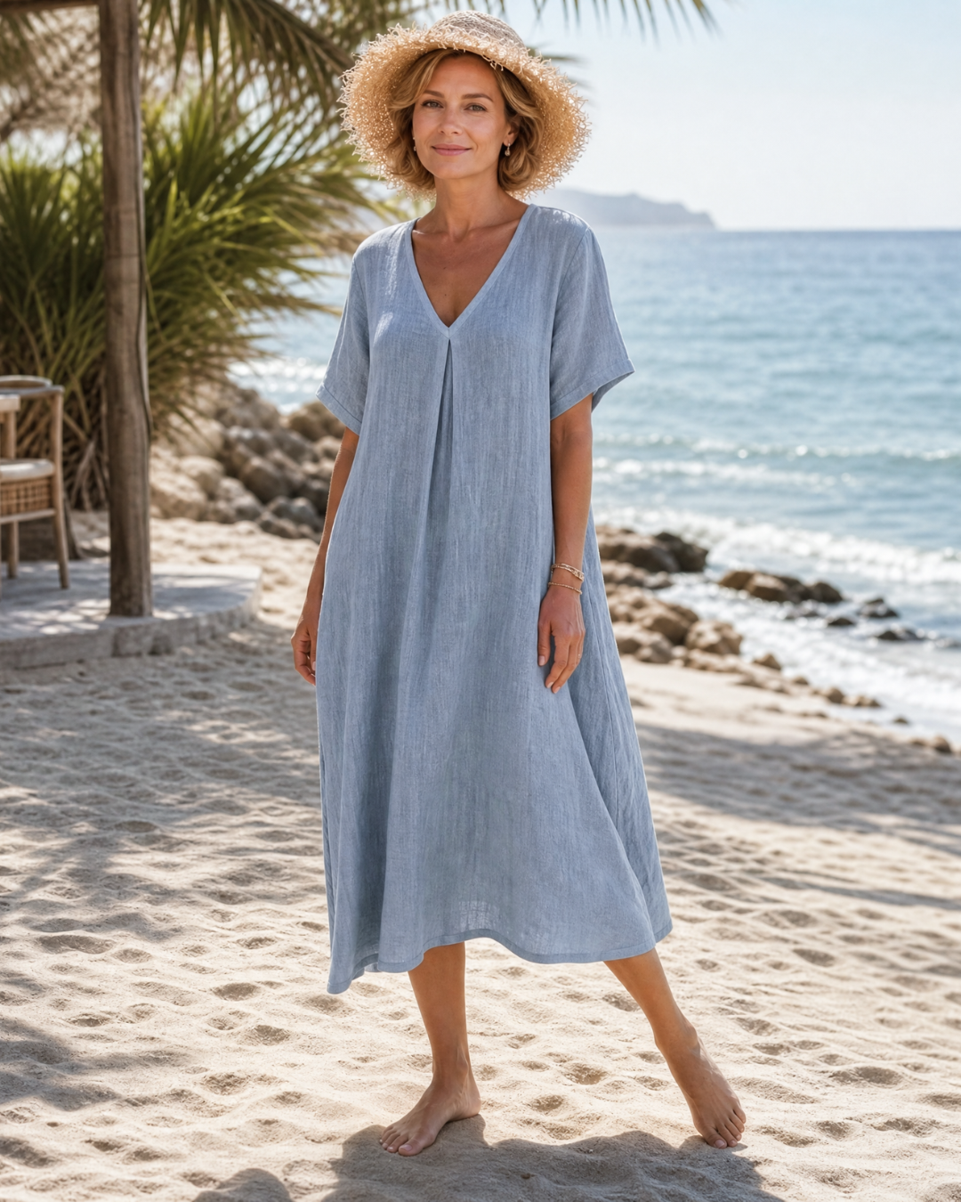 Pleated V Neck Short Sleeve Relaxed Linen Beach Maxi Dress