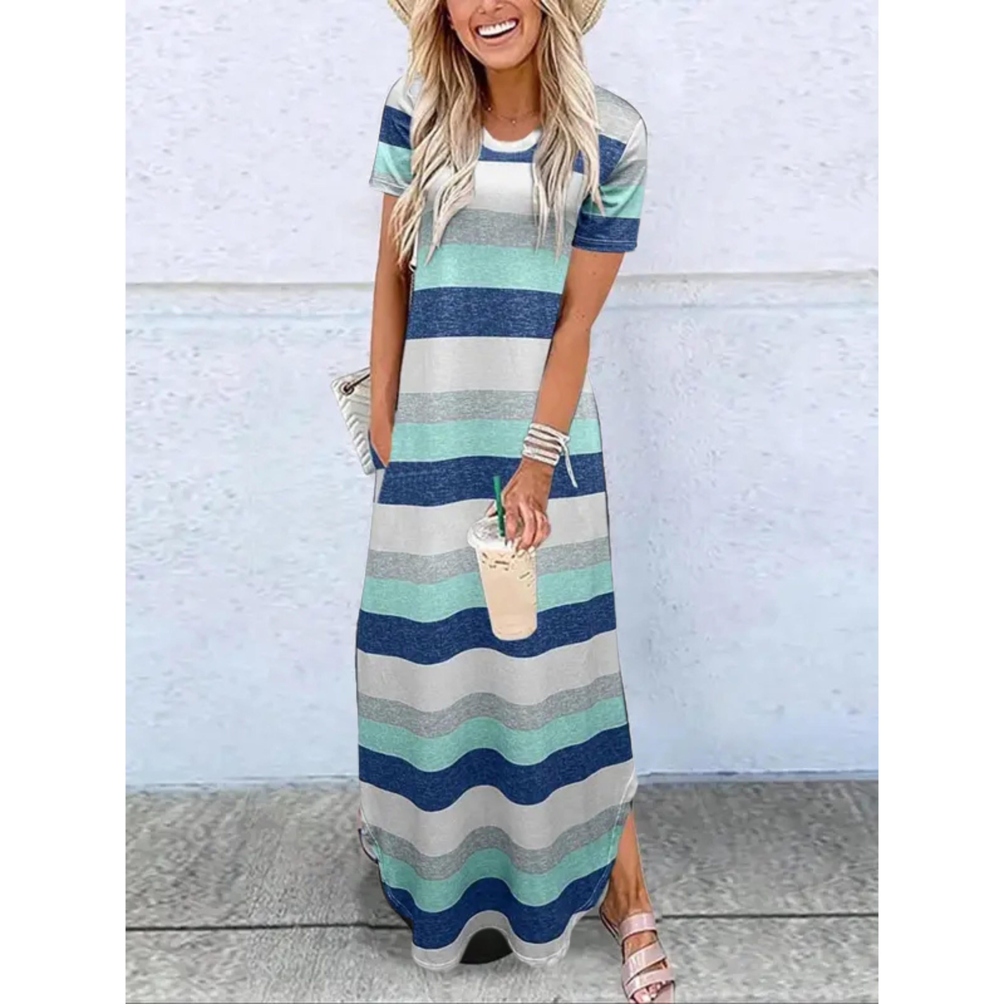 Short Sleeve Scoop Neck Side Split Pocket Casual Maxi Dress