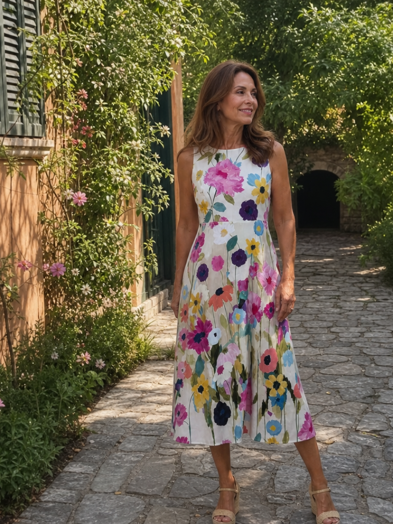 Floral Print Round Neck Sleeveless A Line Midi Dress