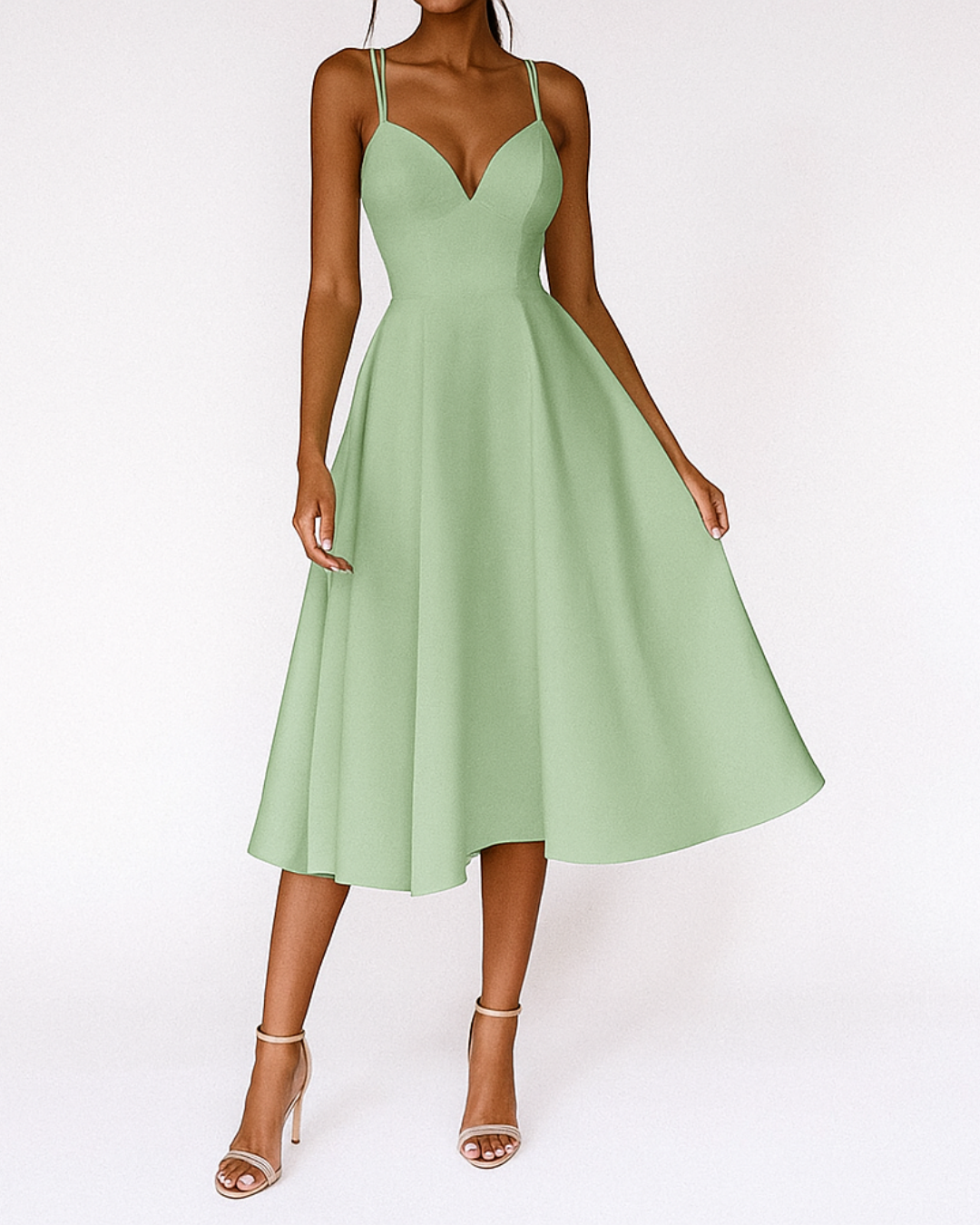 Double Spaghetti Strap Deep V Neck Full Skirt A Line Midi Dress - Formal Evening Gown