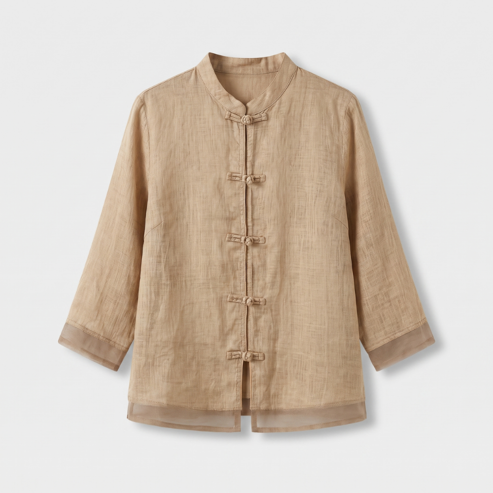 Mandarin Collar Frog Button Linen Blouse for Casual Style