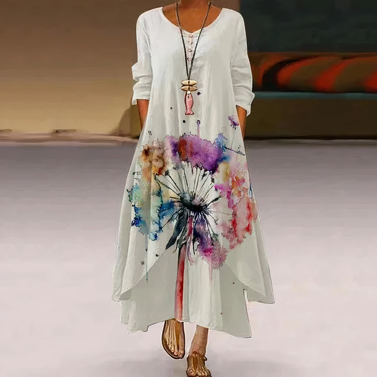 Floral Border Print Long Sleeve Oversized Maxi Dress