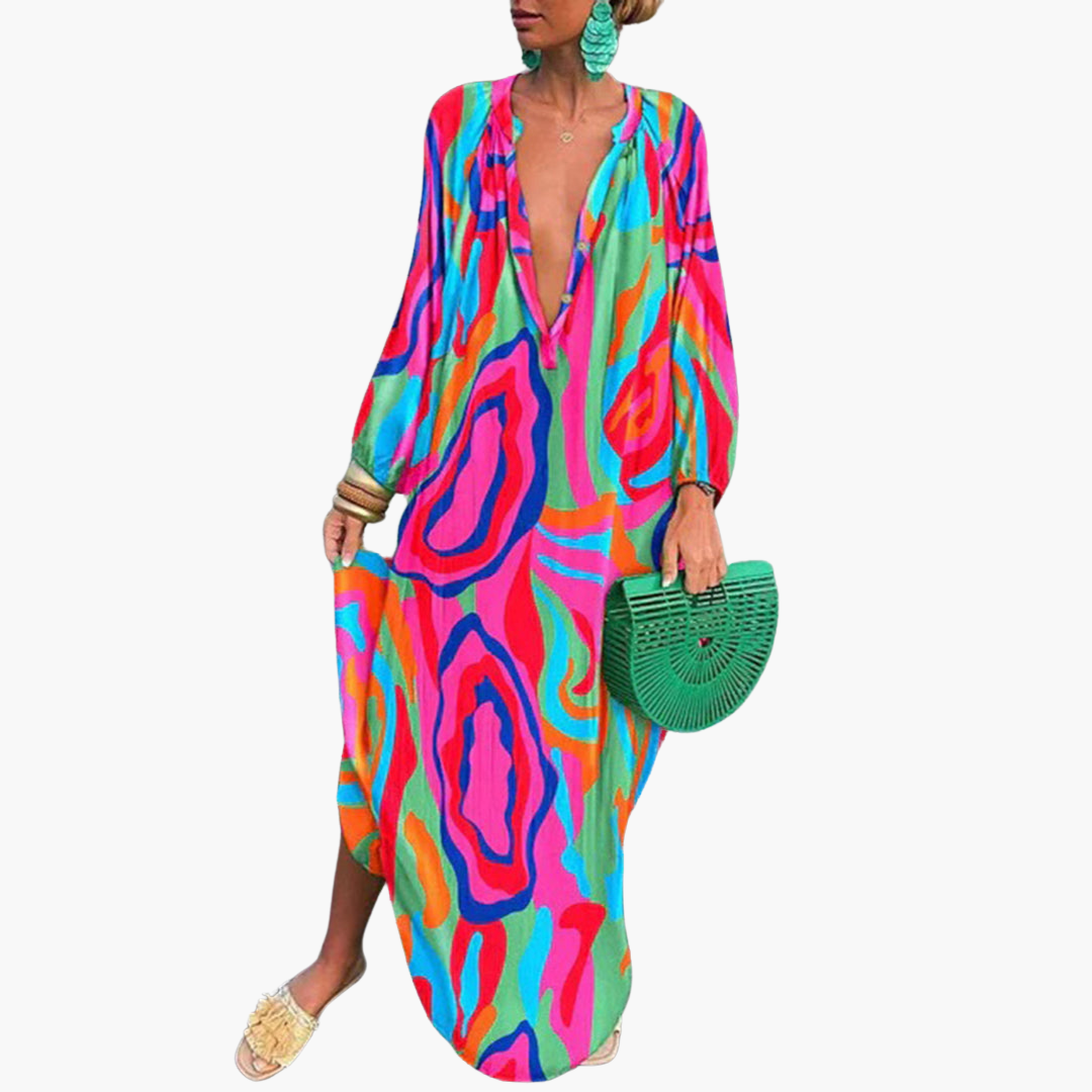 Abstract Print Deep V-Neck Oversized Beach Maxi Dress