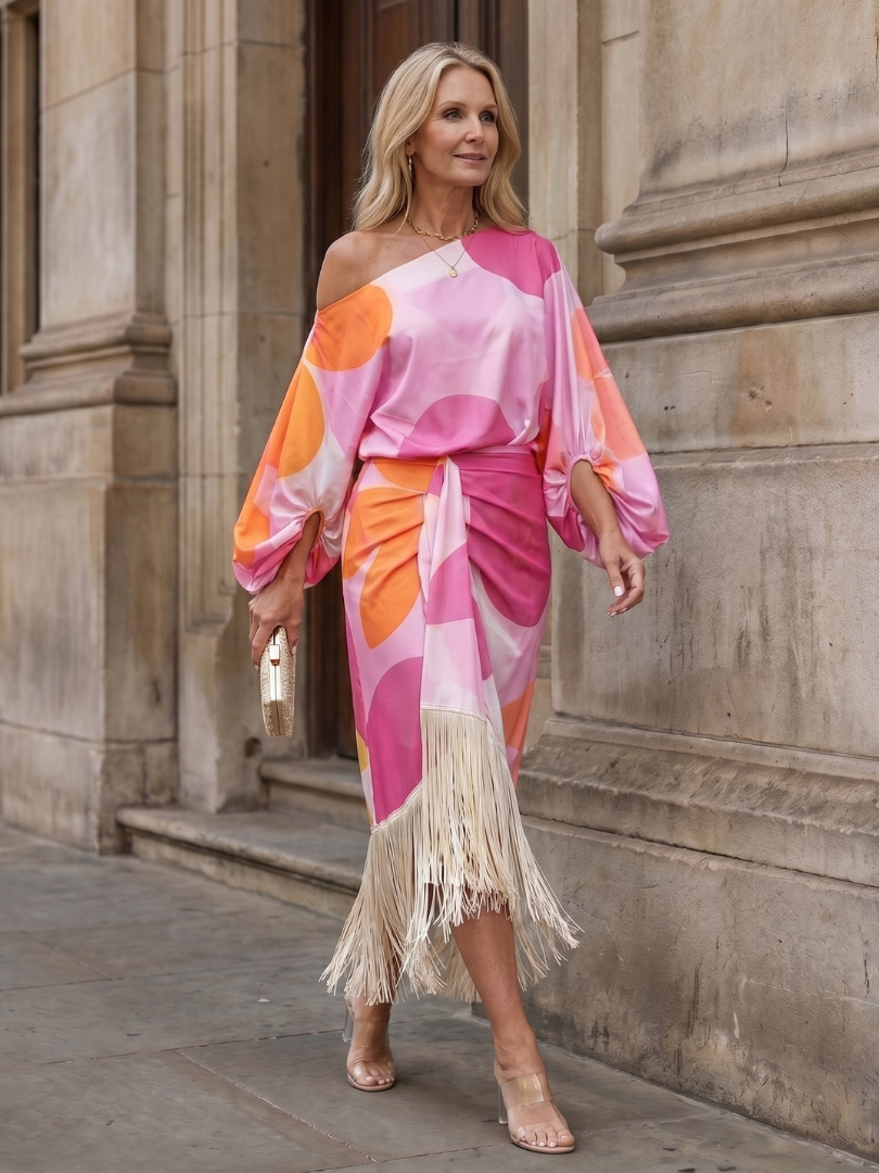 Abstract Print One Shoulder Batwing Sleeve Fringe Midi Dress
