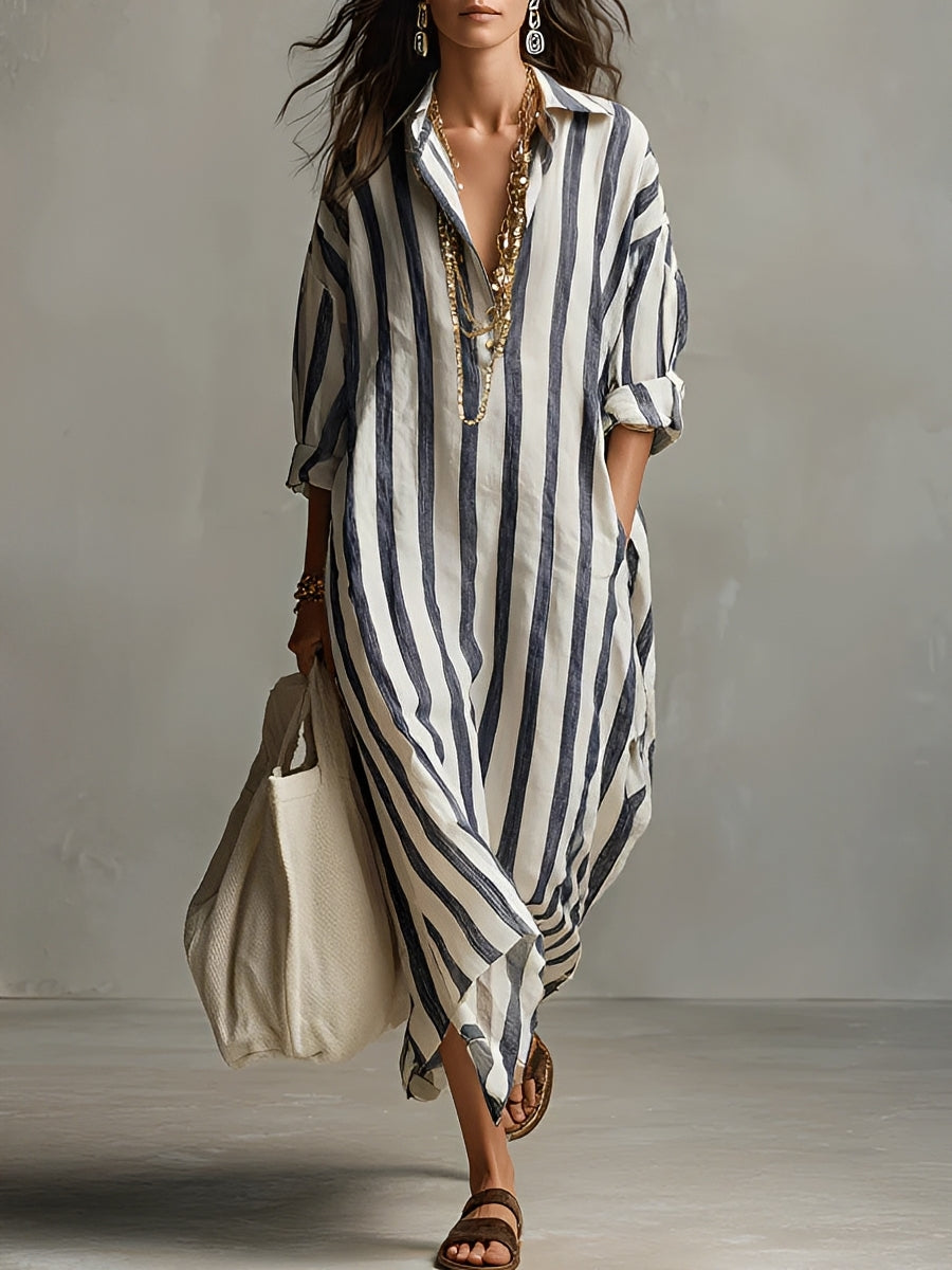 Striped V Neck Long Sleeve Casual Maxi Dress