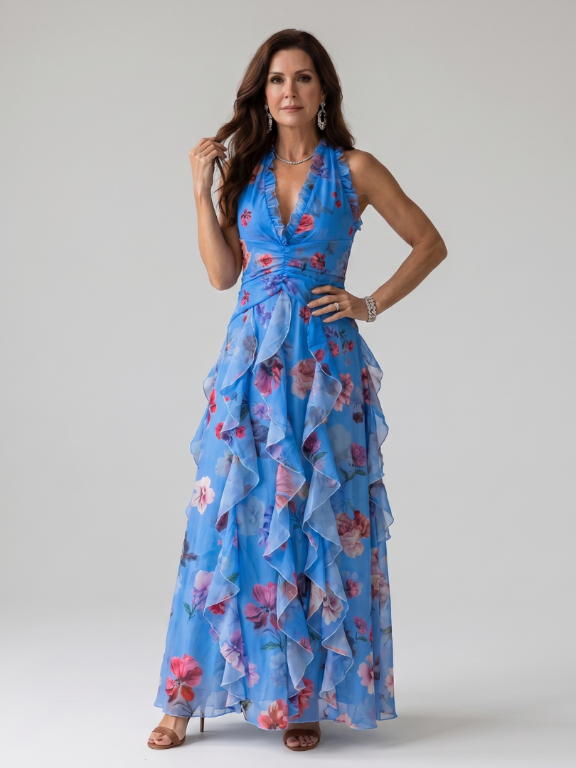 Floral Halter Neck Ruched Bodice Ruffle Flowy Maxi Dress - Wedding Guest