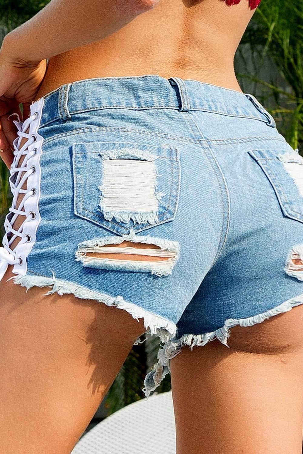 Ripped High Waist Side Tie Denim Shorts