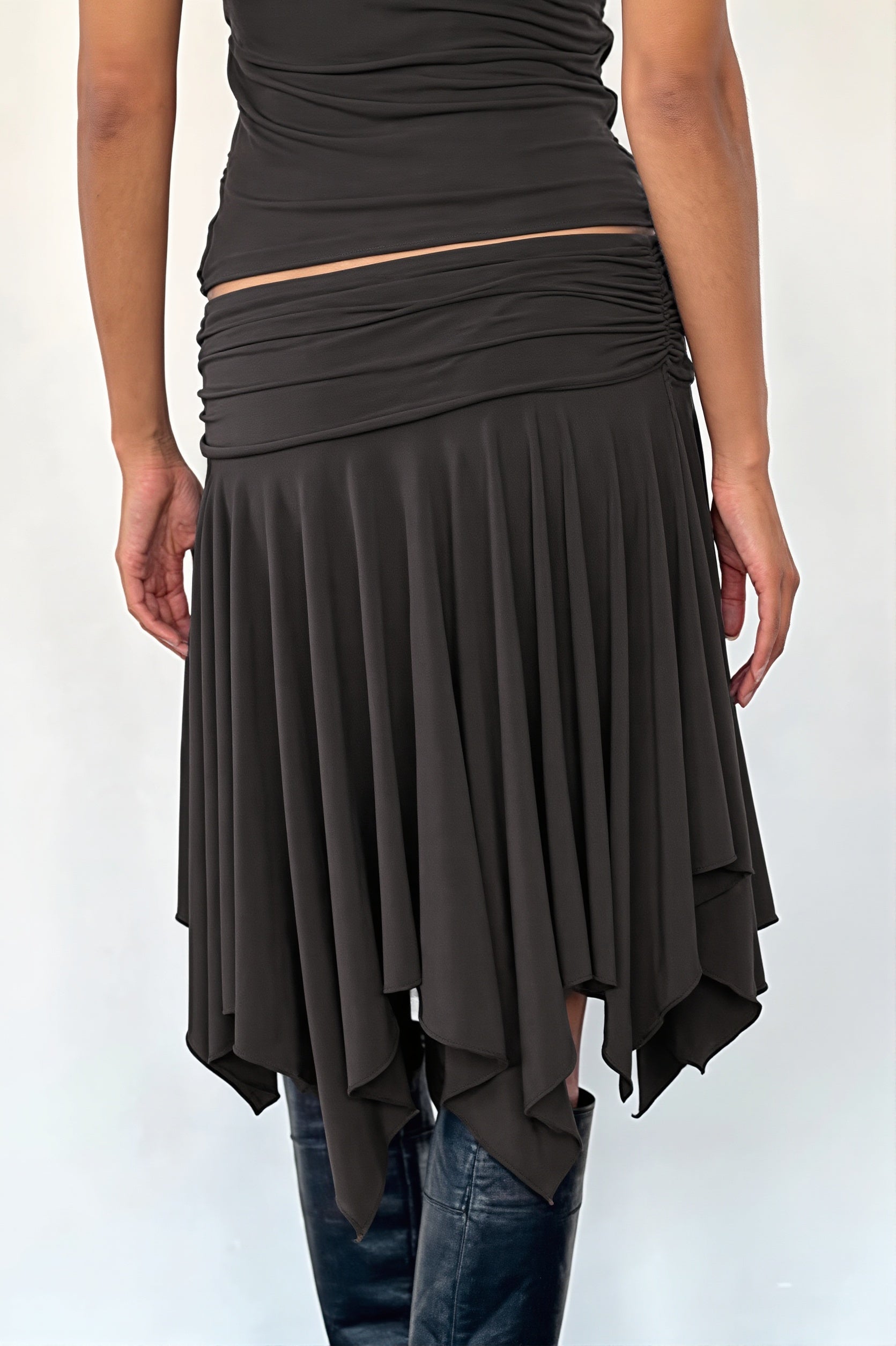 Ruffled Irregular Draped Midi Skirt