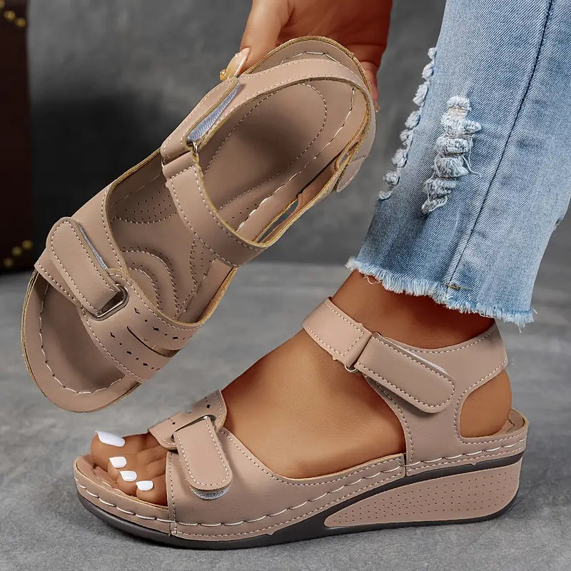 Hook Loop Strap Cushioned Wedge Casual Sandal