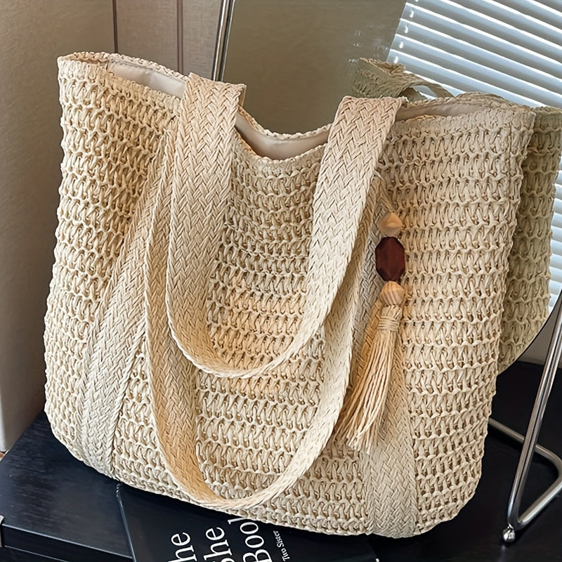 Woven Straw Tote Bag with Fringe Tassel Detail