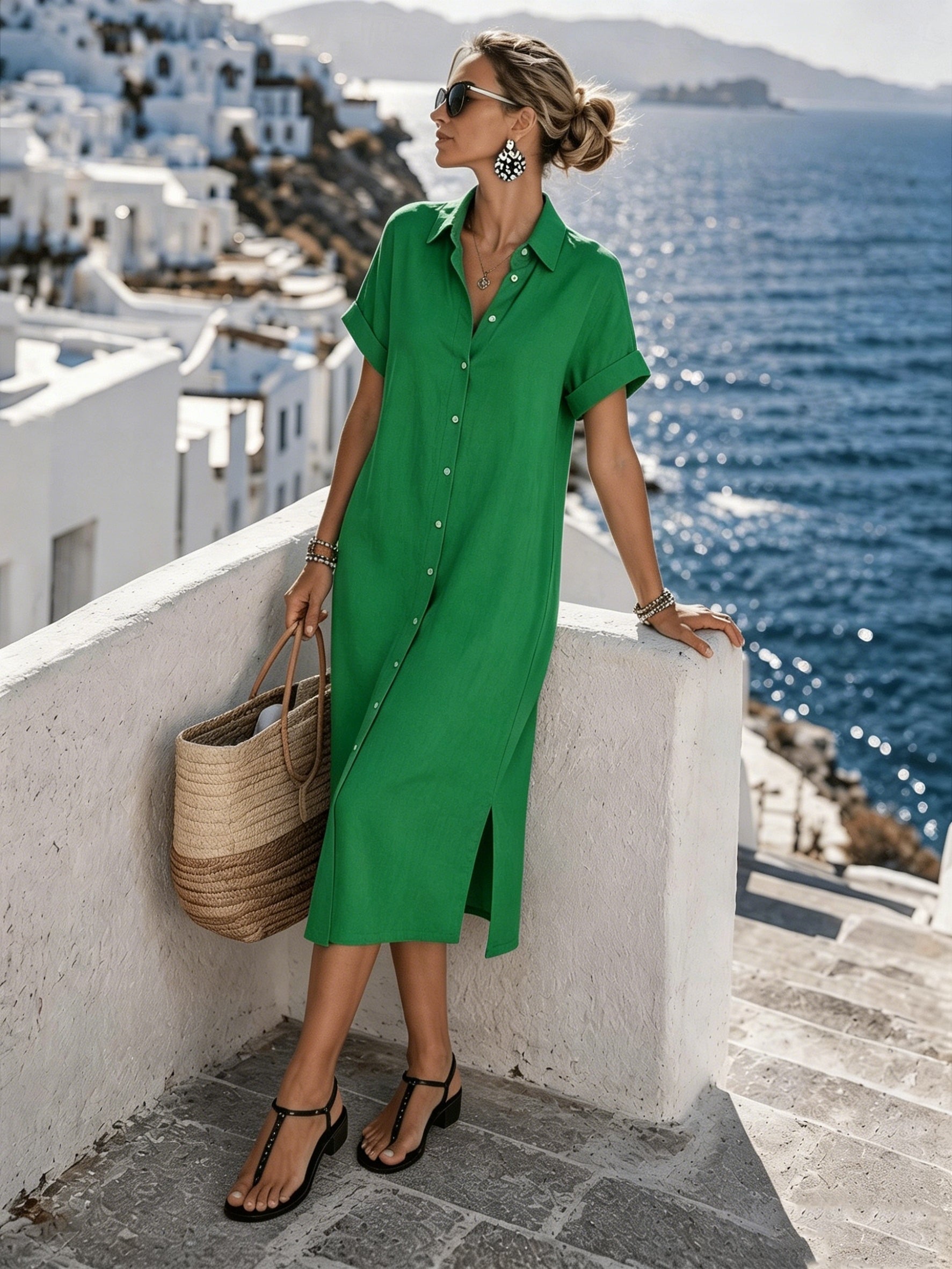 Button-Front Short Sleeve Shirt Dress for Vacation