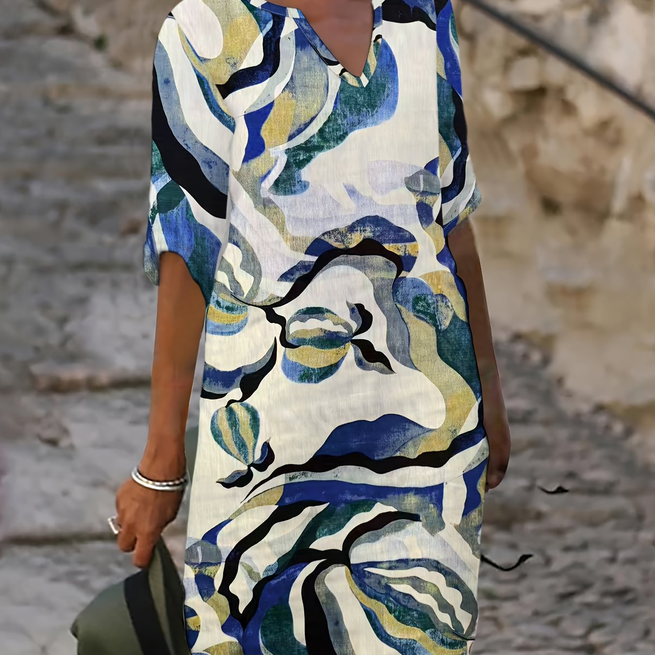 Women's Spring/Autumn Casual Straight-Leg V-Neck Printed Dress