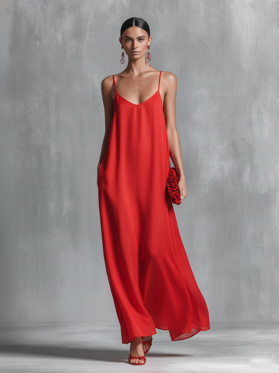 Spaghetti Strap V Neck Flowy Chiffon Maxi Dress
