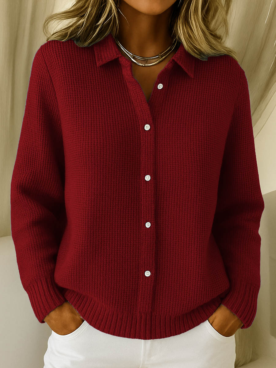Elise | Women's Waffle Knit Button-Up Collar Cardigan, Long Sleeve Shirt Style
