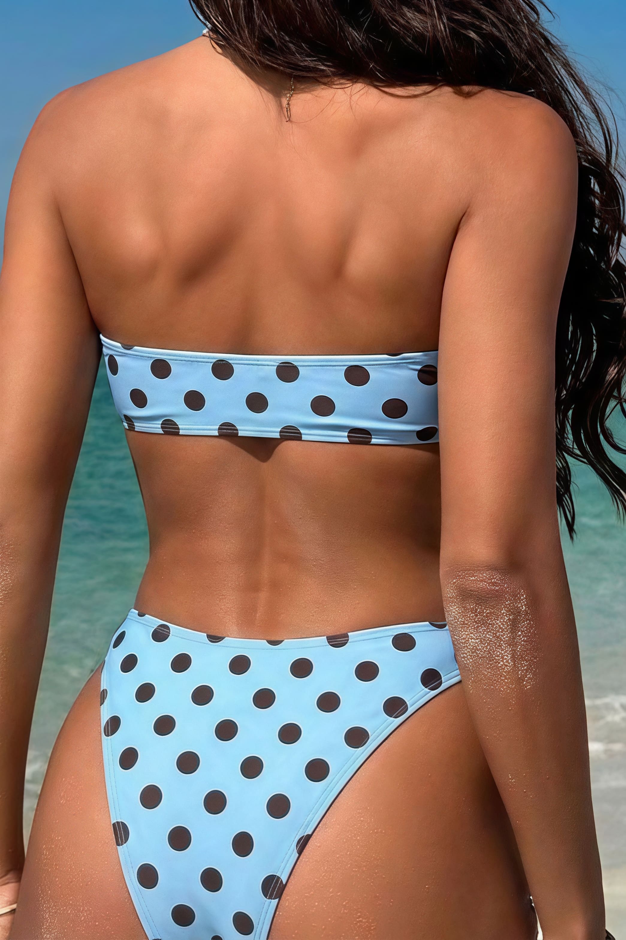Light Blue Brown Spot Twist Bandeau Bikini Sets