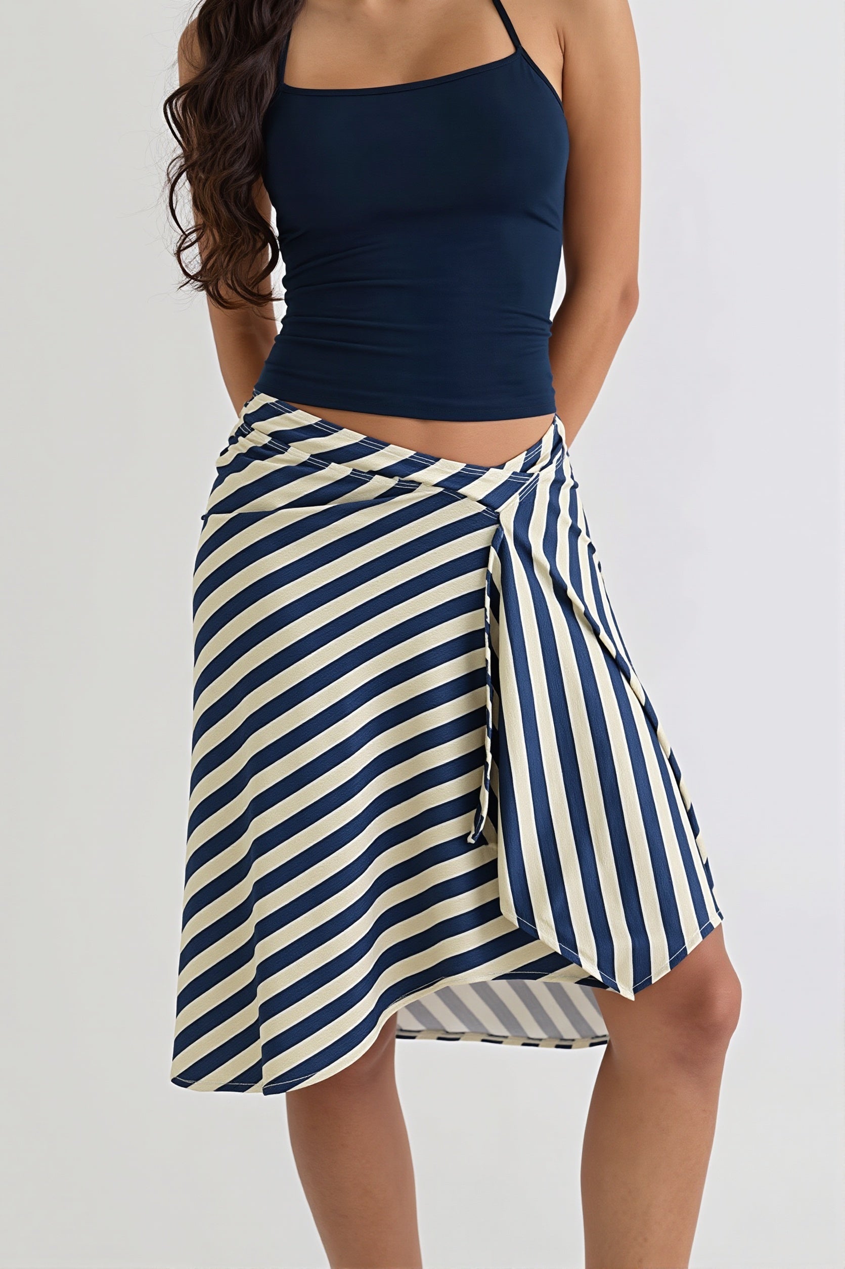 Elegant Striped Irregular Midi Skirt