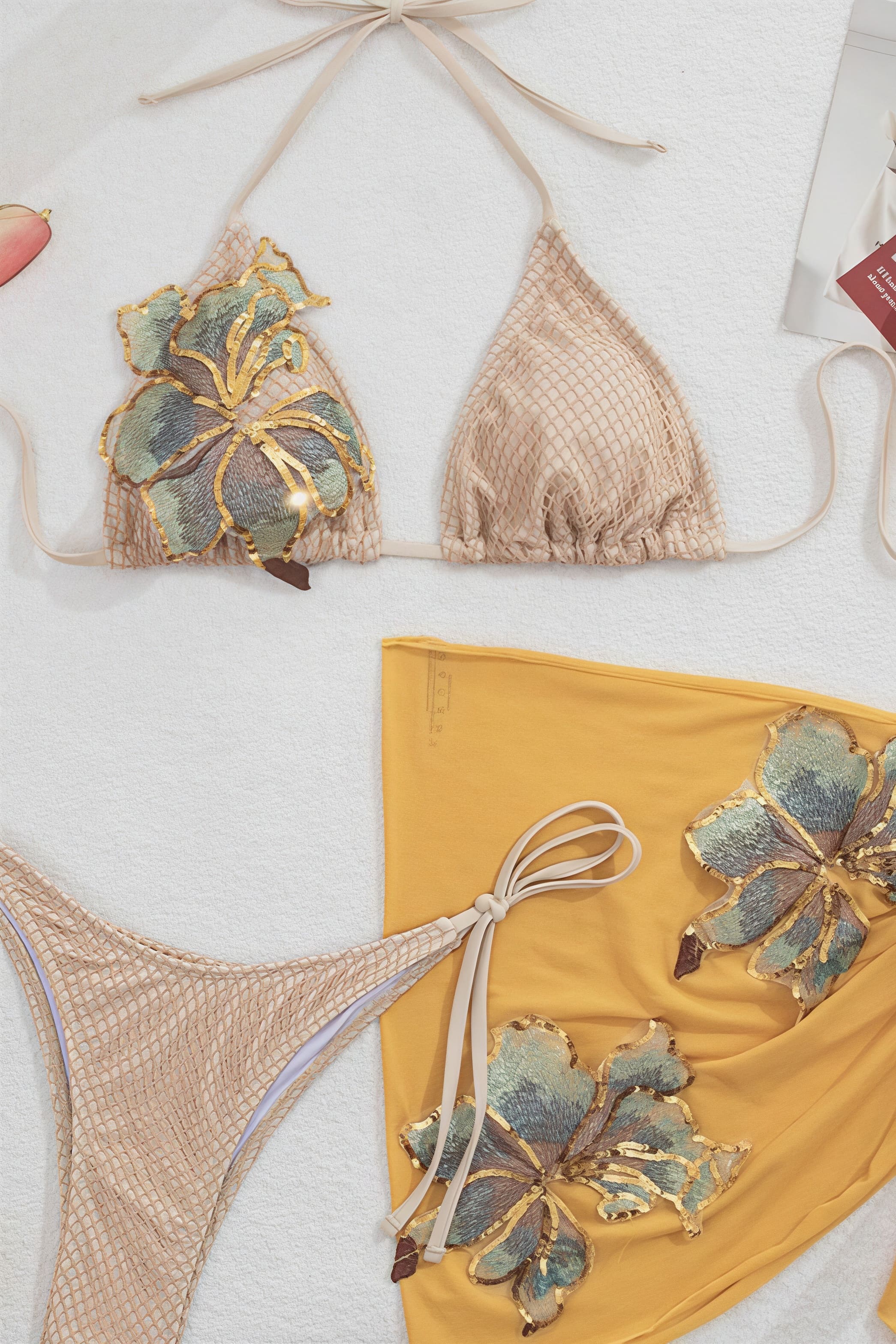 Floral Embroidery Sexy Bikini Three Piece Swim Set