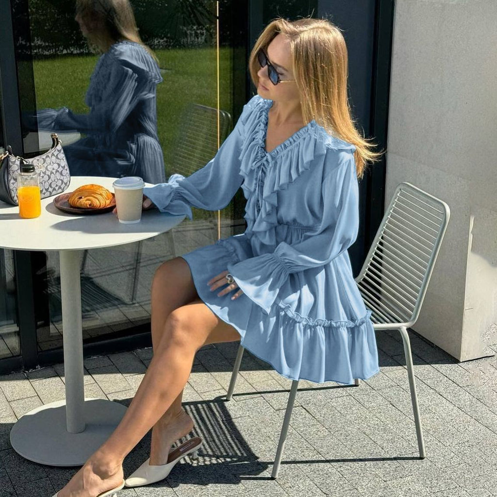 Solid Ivory Cotton Rayon Long Sleeve Frill Dress – view 5