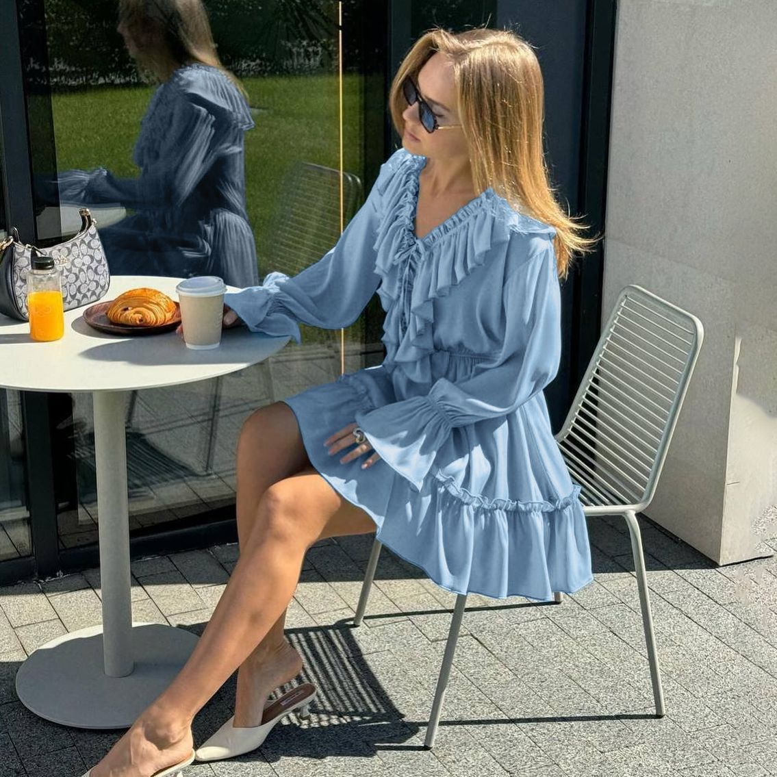 Solid Ivory Cotton Rayon Long Sleeve Frill Dress – view 5