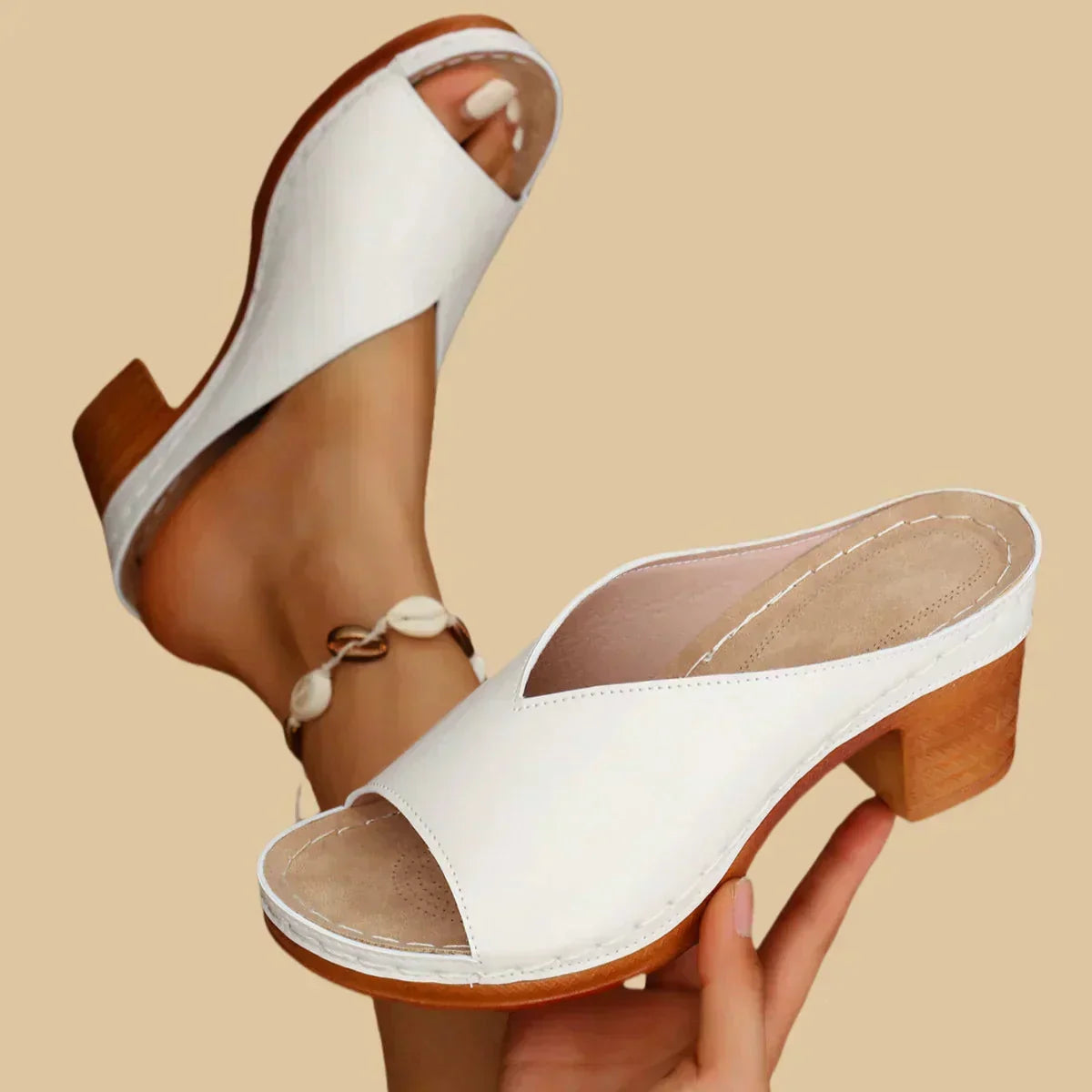 Metallic Slip On Block Heel Open Toe Mule