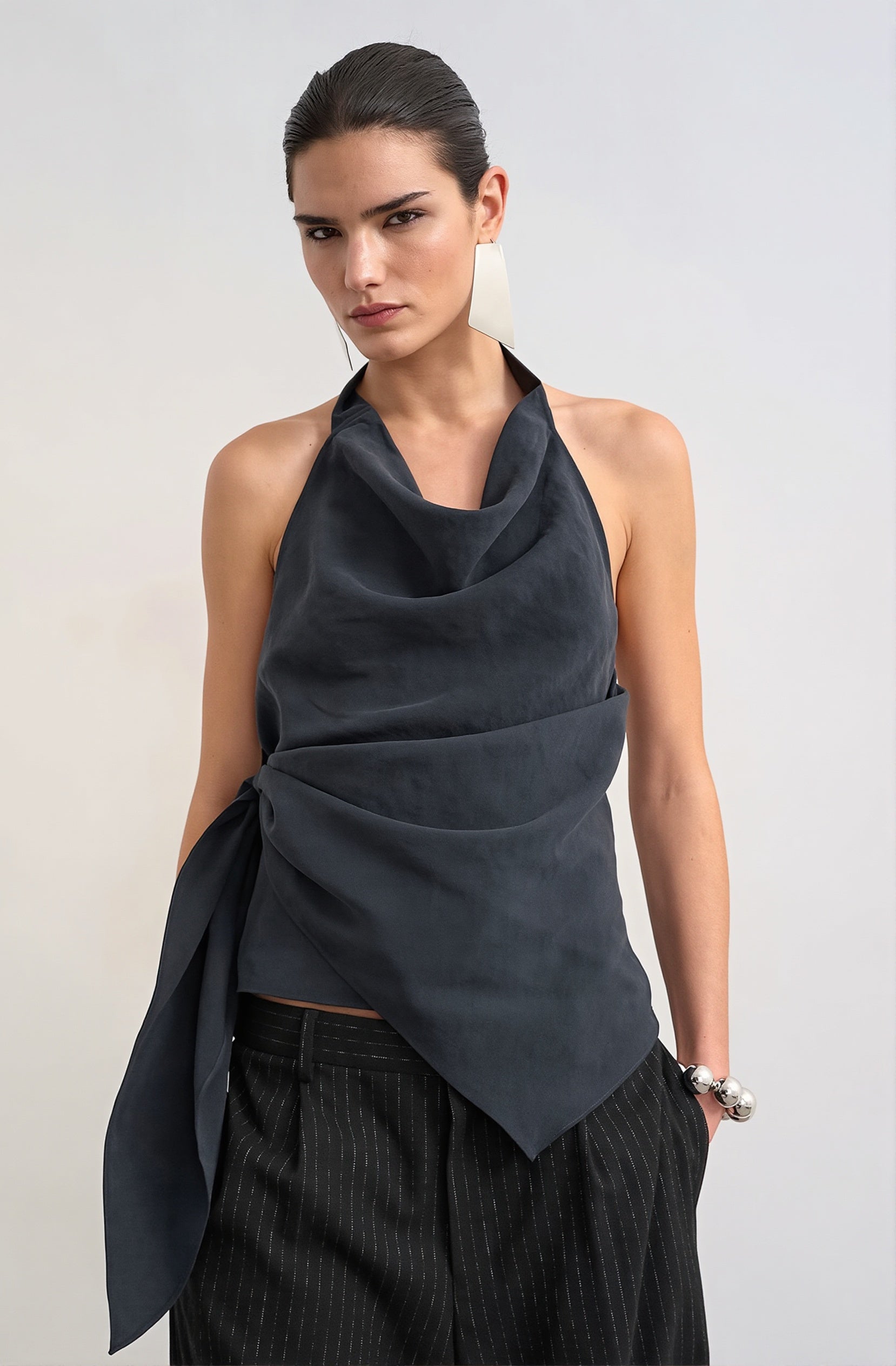 Cowl Neck Backless Asym Draped Halter Top