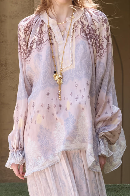 Linen Tie Dye Casual Long Sleeve Blouse