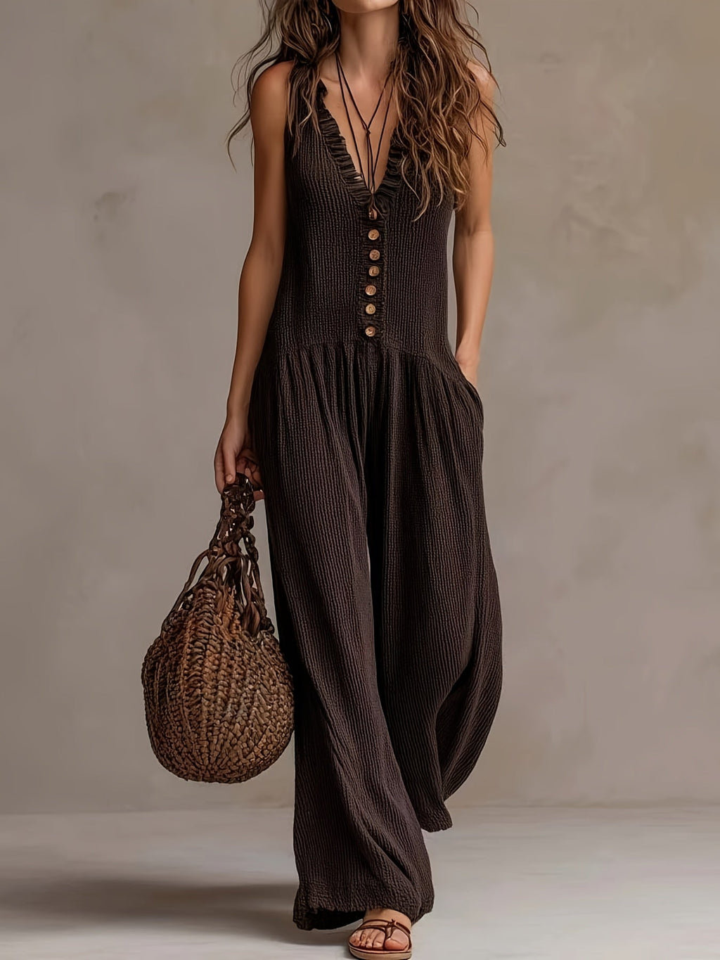 Ruffle V Neck Button Front Smocked Waist Wide Leg Jumpsuit