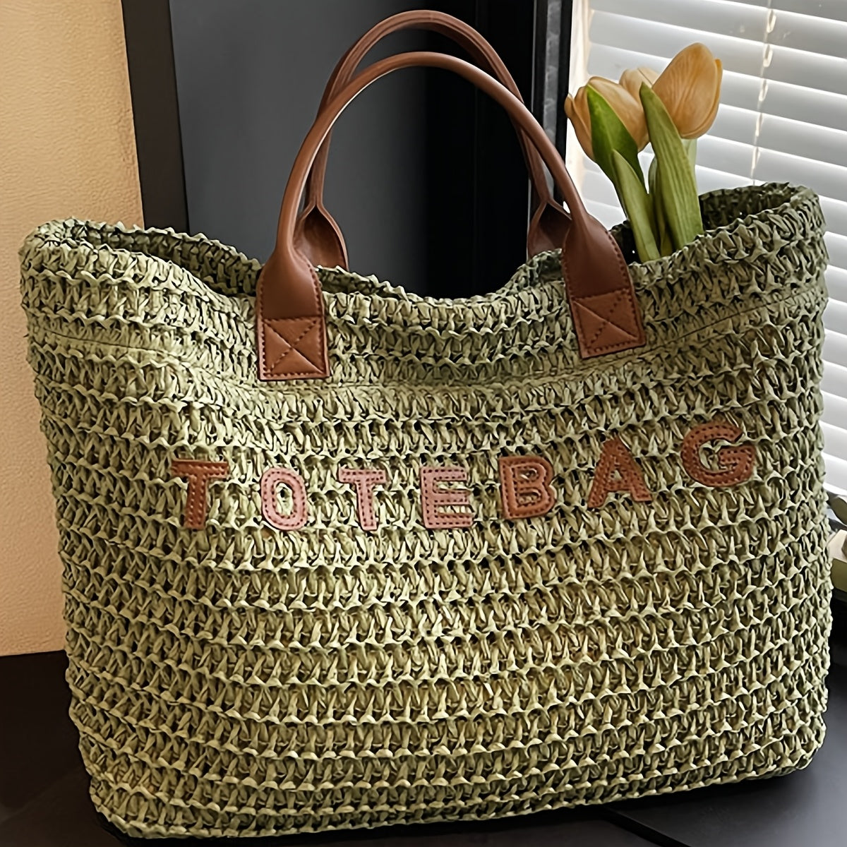 Large Woven Tote Bag with Leather Handles