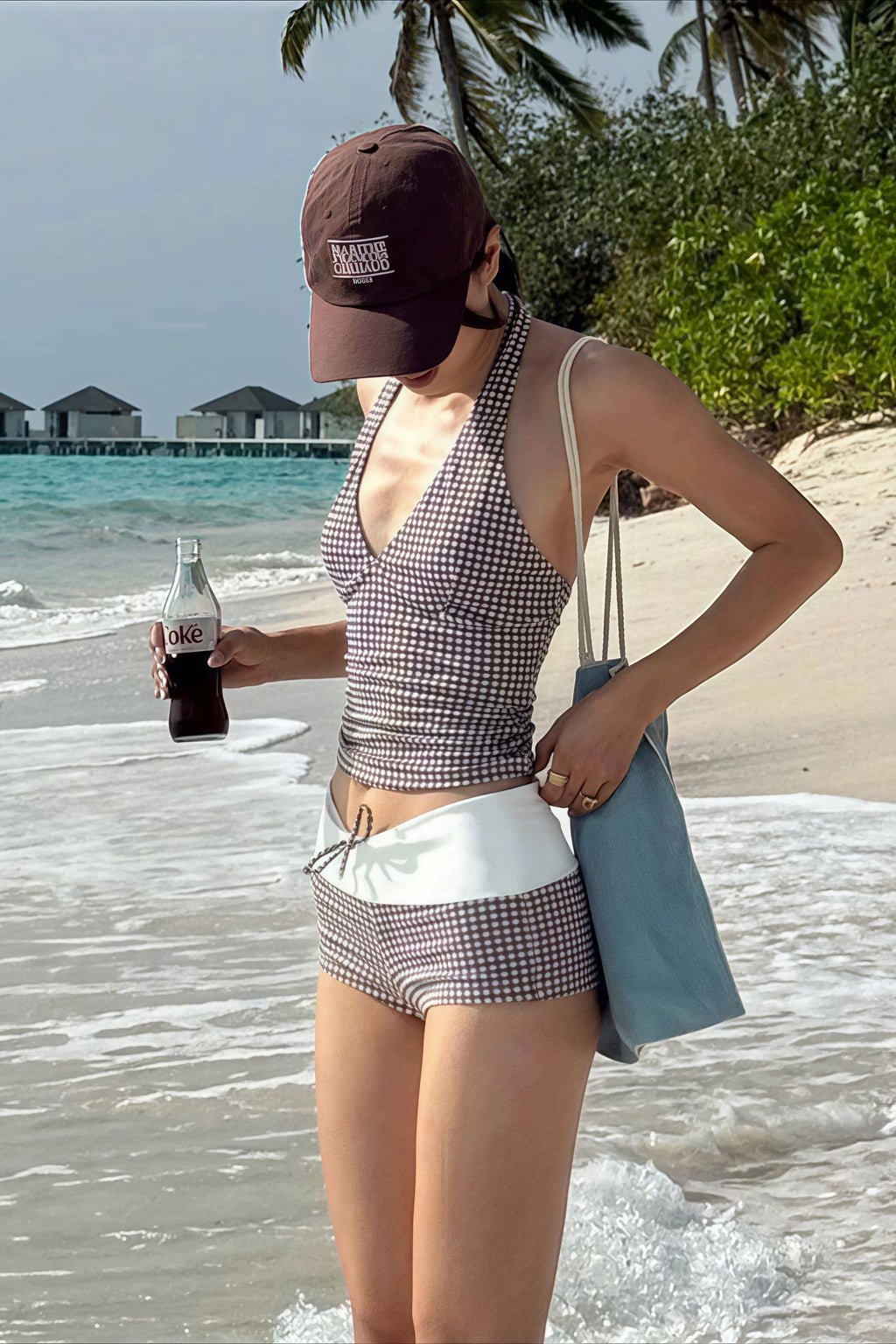 Plaid V Neck Backless Two Piece Swim Set