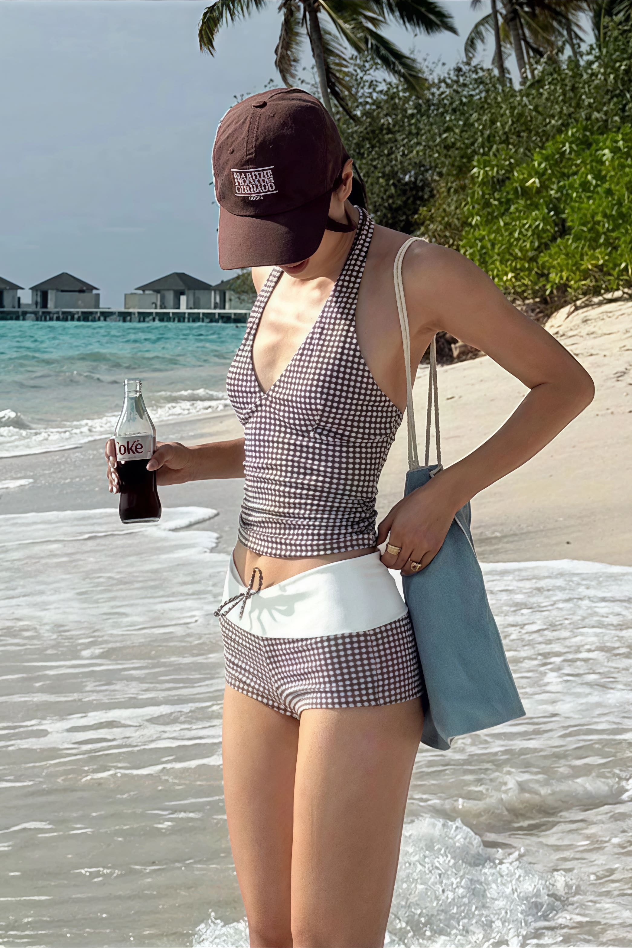Plaid V Neck Backless Two Piece Swim Set