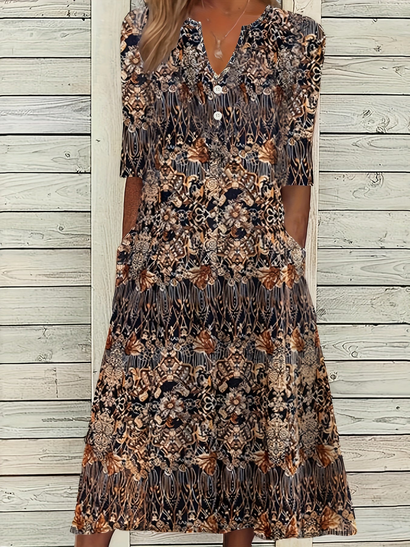 Venitia-Vintage Floral Print Midi Dress