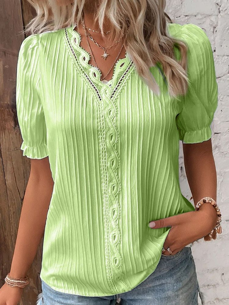 Strong Attractive Plunge Neck Join Short Sleeve Blouse