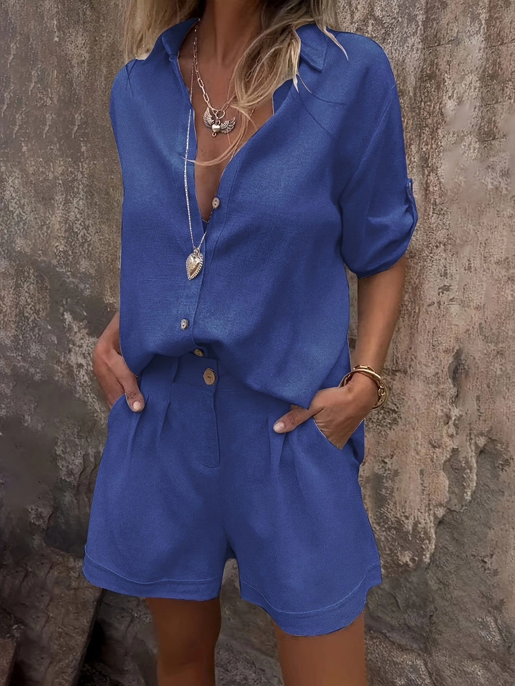 Shimmer Linen Collared Button Down Top and Short Set