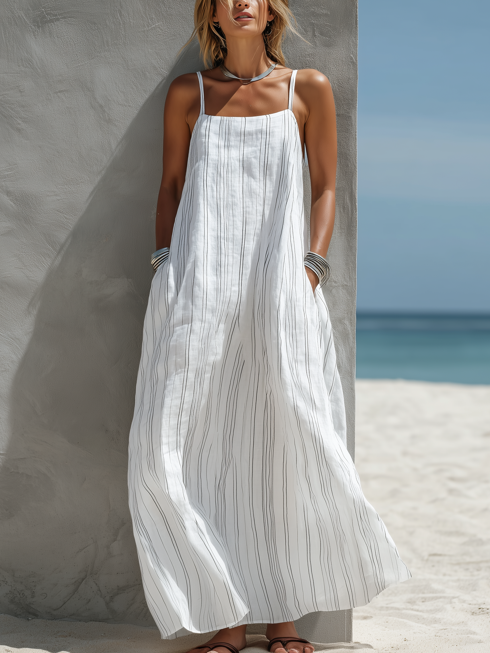 Striped Spaghetti Strap Square Neck Linen Beach Maxi Dress