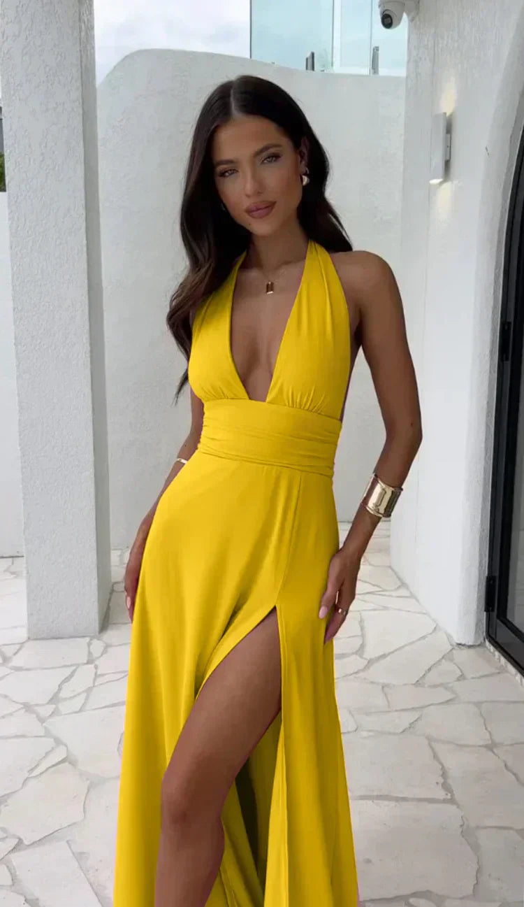 Halter Deep V Neck Wrap Waist Split Maxi Dress - Formal Evening Gown