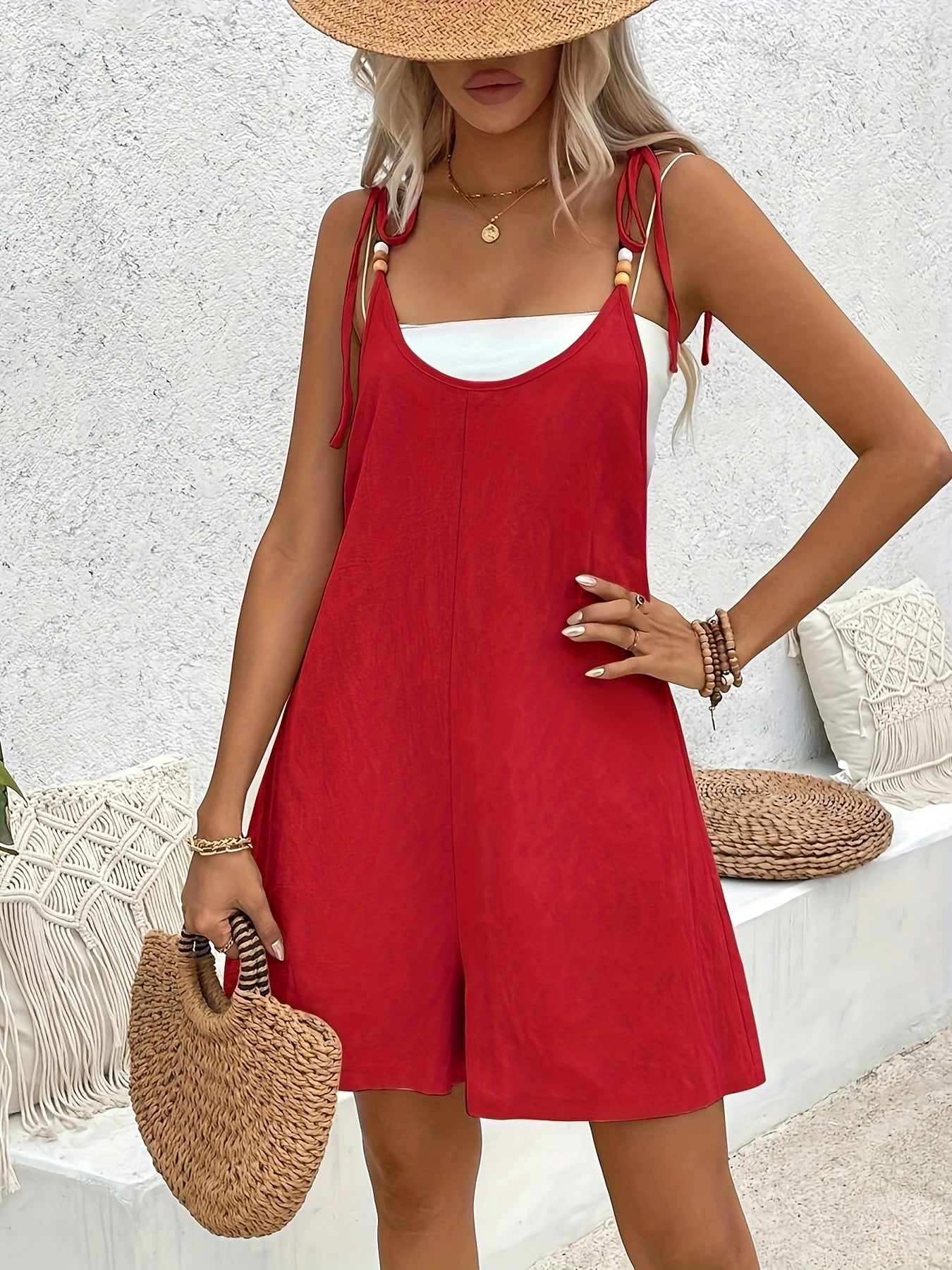 Beaded Tie Strap Scoop Neck Loose Casual Short Romper