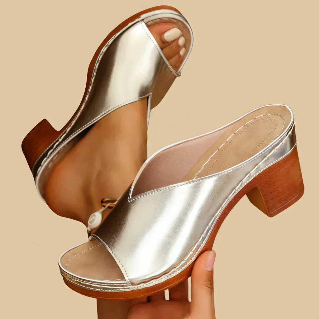 Metallic Slip On Block Heel Open Toe Mule