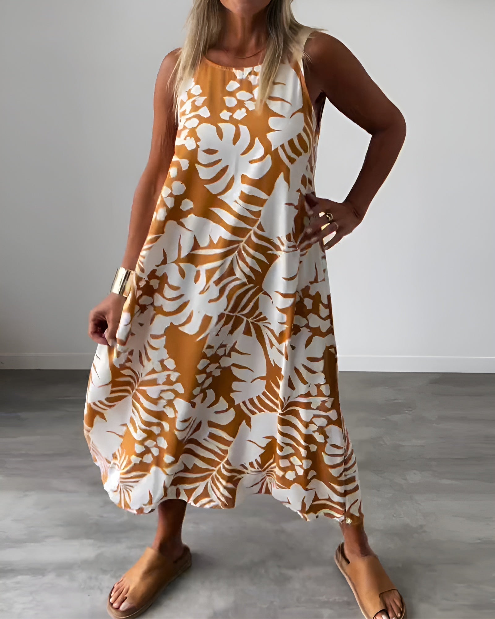 Tropical Leaf Print Halter Neck Sleeveless Swing Casual Maxi Dress