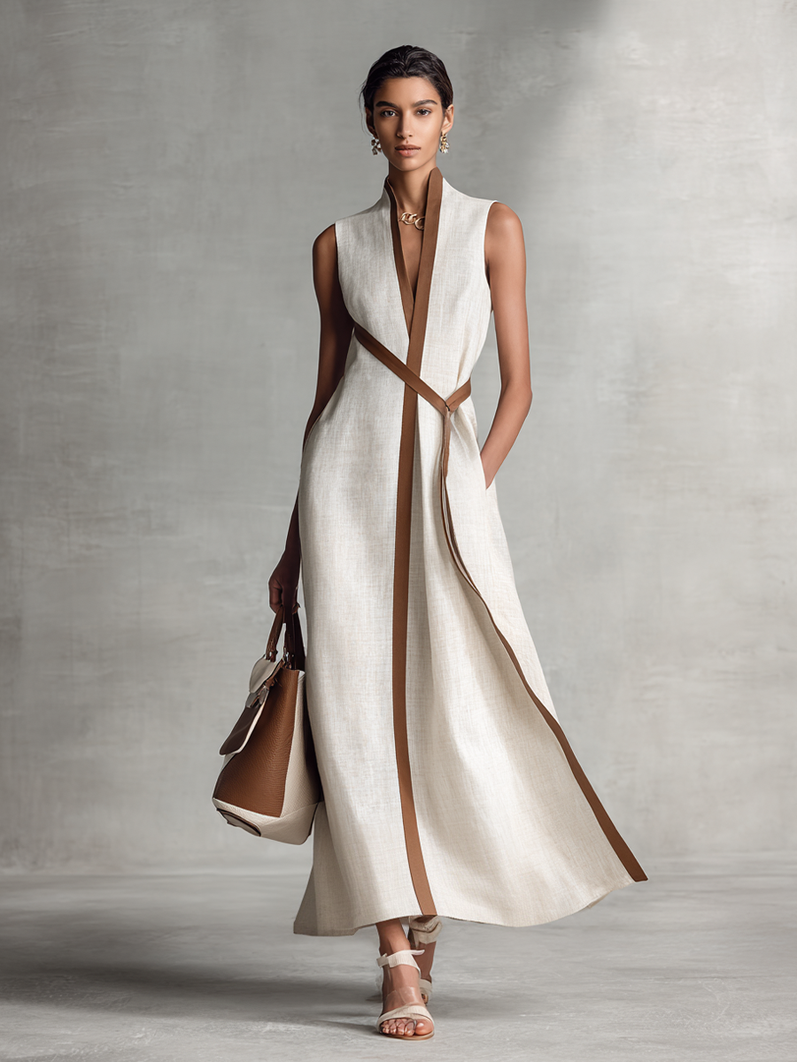 Contrast Trim V Neck Sleeveless A Line Linen Maxi Dress - Wedding Guest