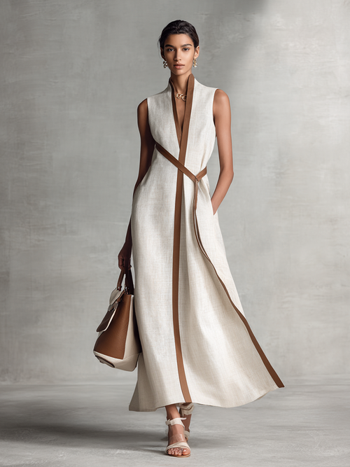 Contrast Trim V Neck Sleeveless A Line Linen Maxi Dress - Wedding Guest