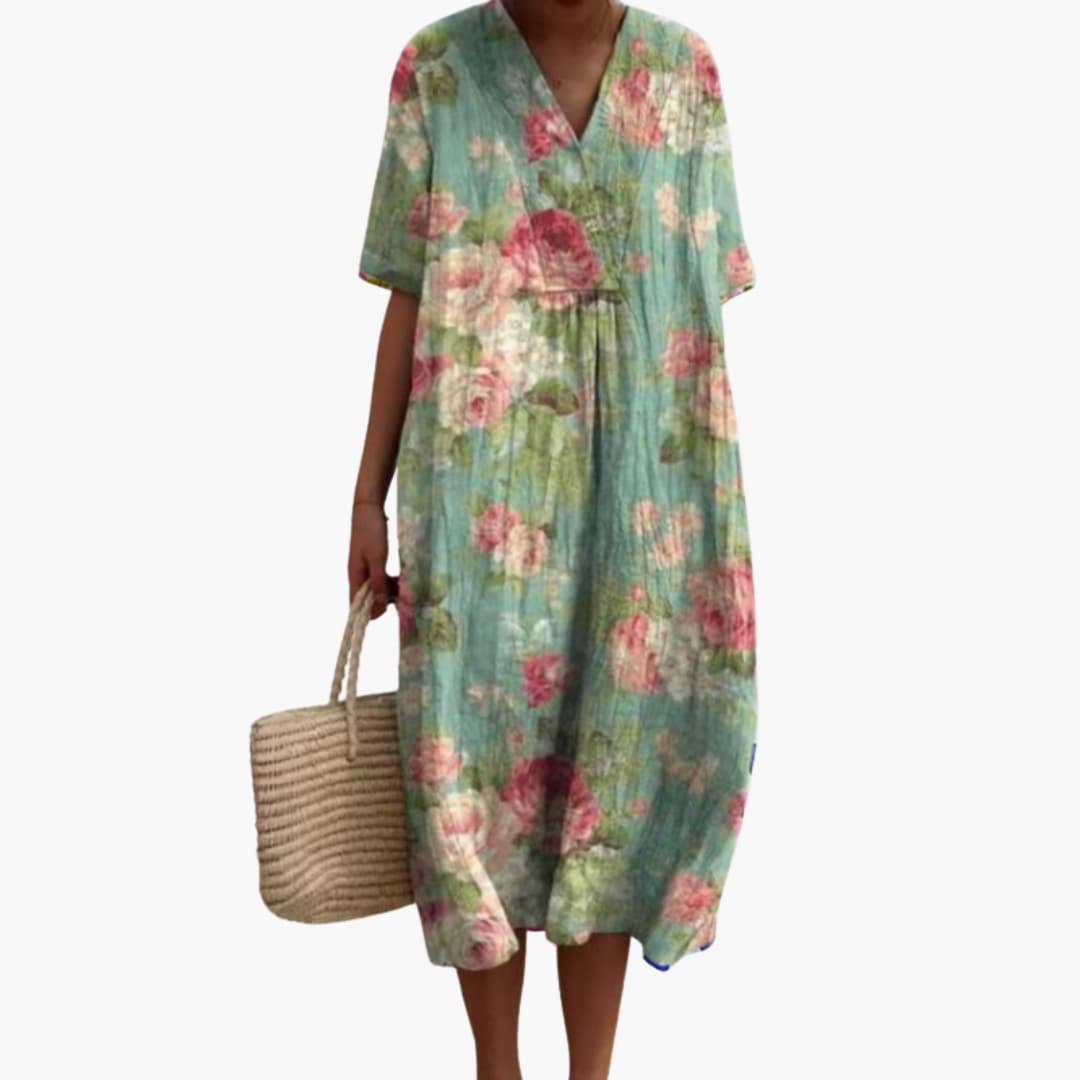 Floral V Neck Short Sleeve Oversized Casual Midi Dress