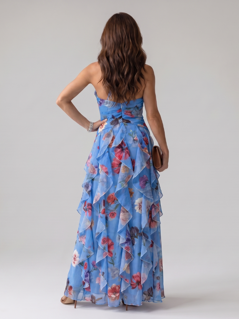 Floral Halter Neck Ruched Bodice Ruffle Flowy Maxi Dress - Wedding Guest