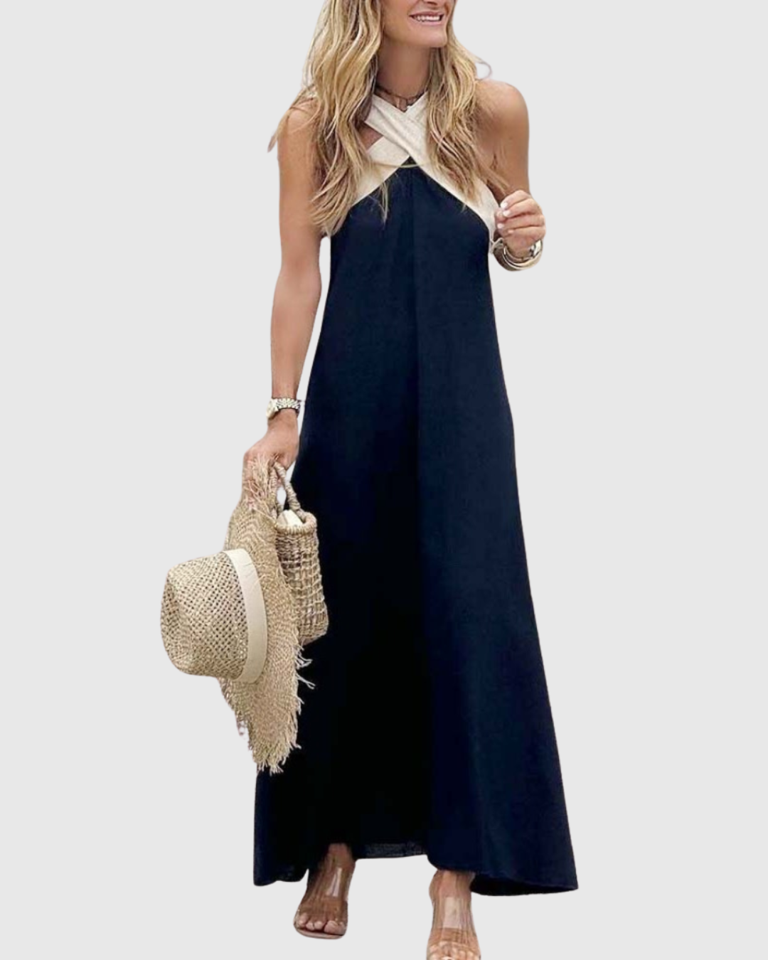 Colorblock Cross Halter Neck Sleeveless Flowy Maxi Dress