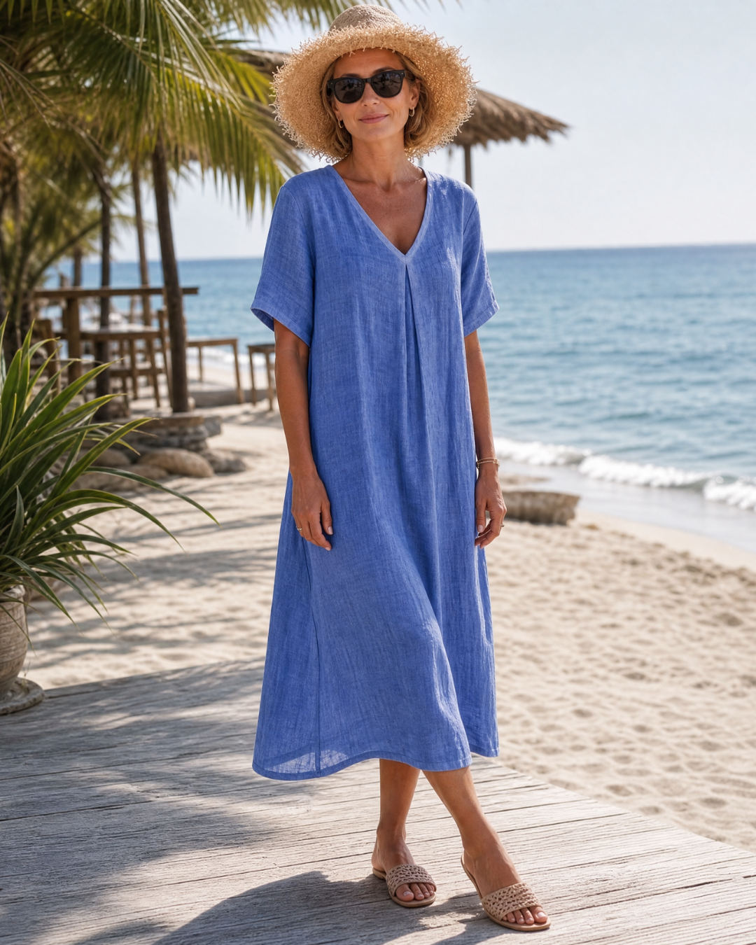 Pleated V Neck Short Sleeve Relaxed Linen Beach Maxi Dress
