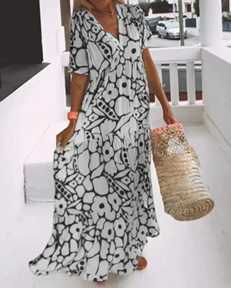 Floral Flutter Sleeve V Neck Tiered Flowy Maxi Dress